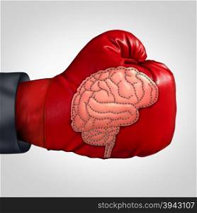 Strong brain activity and training the mind to perform in intelligence and memory as a boxing glove with a patch shaped as the human thinking organ stitched into the leather as a mental health symbol for education or brainstorm.