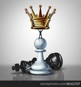 Strong Business leadership sstrategy concept as a take charge businessman standing on a chess pawn lifting a golden crown as an icon of a leader with strategiuc determination for power with 3D illustration elements.