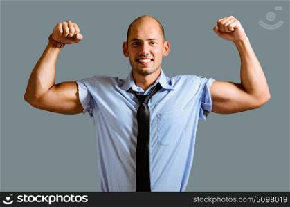 Strong businessman concept. Strong businessman concept. Business man showing muscular hands