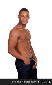 Strong casual man in jeans and bare chest isolated on a white background