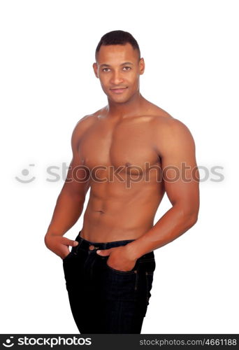 Strong casual man in jeans isolated on a white background