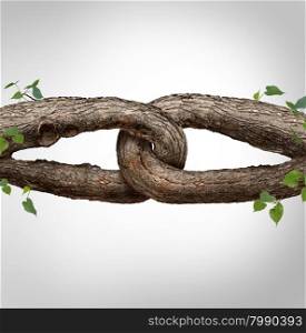 Strong chain concept connected as two different tree trunks tied and linked together as an unbreakable chain as a trust and faith metaphor for dependence and reliance on a trusted partner for support and strength.