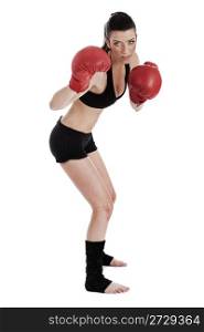 Strong confident woman doing boxing over white background