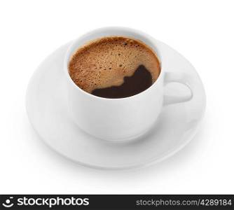 Strong cup of organic coffee with foam isolated on white background