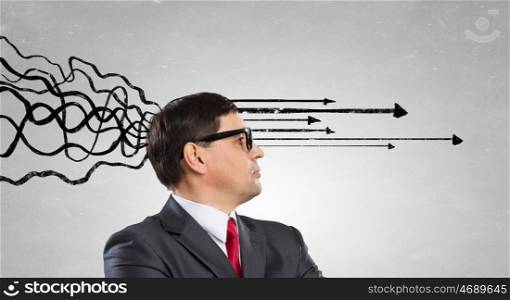 Strong decision making ability. Thoughtful adult businessman with arrows and thoughts coming out of his head