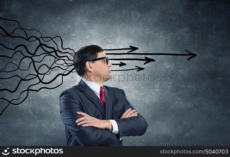 Strong decision making ability. Thoughtful adult businessman with arrows and thoughts coming out of his head