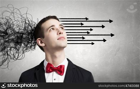 Strong decision making ability. Thoughtful businessman with arrows and thoughts coming out of his head