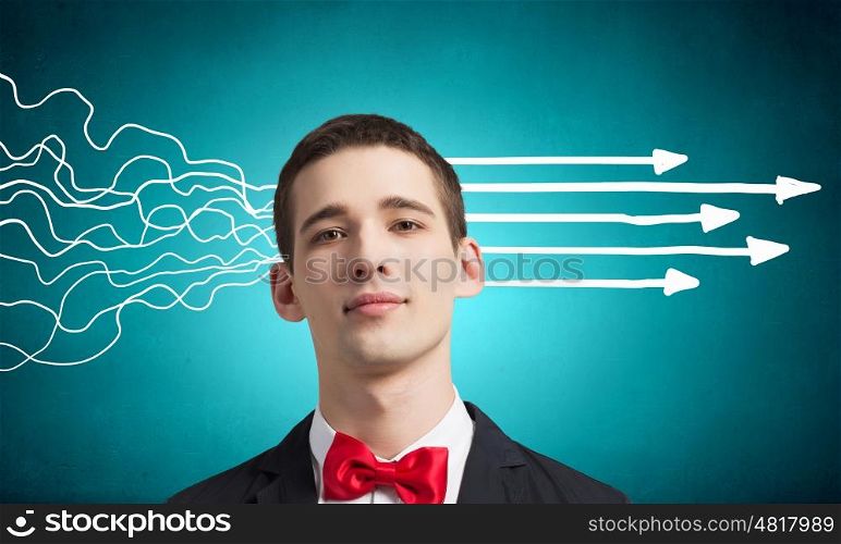 Strong decision making ability. Thoughtful businessman with arrows and thoughts coming out of his head