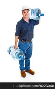 Strong delivery man carrying two five gallon water bottles. Full Body isolated on white.