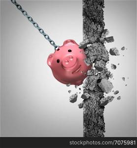Strong finances concept or breaking the bank metaphor and financial freedom symbol as a solid wrecking ball shaped as a savings piggy demolishing a wall of cement with 3D illustration elements.