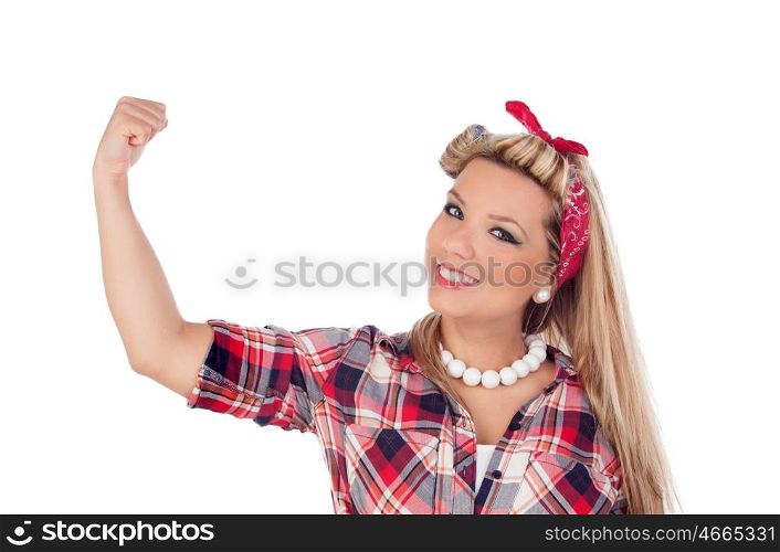 Strong girl with pretty smile in pinup style isolated on a white background