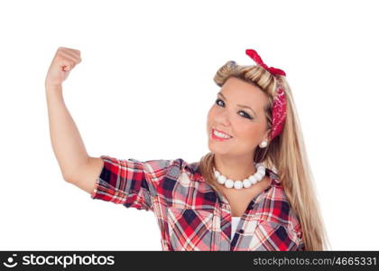 Strong girl with pretty smile in pinup style isolated on a white background