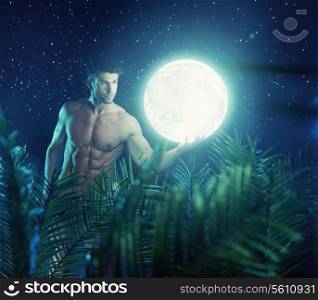 Strong handsome hero carrying the bright moon
