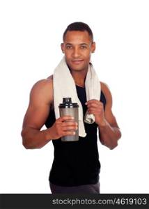 Strong Latin American man drinking protein after training isolated on white