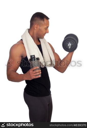 Strong Latin American man with dumbbells drinking protein after training isolated on white