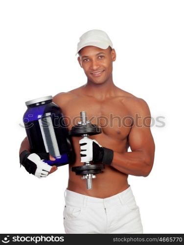 Strong Latin American man with dumbbells drinking protein after training isolated on white