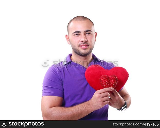 strong latino man 20-25 years in heart shape in studio on white background
