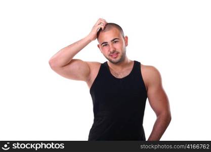 strong latino man 20-25 years in studio on white background
