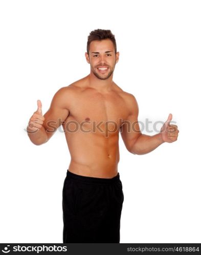 Strong man saying Ok isolated on a white background