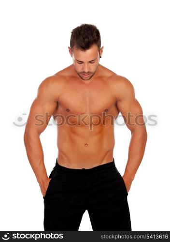 Strong man saying Ok isolated on a white background