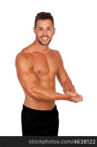 Strong man showing his muscles isolated on a white background