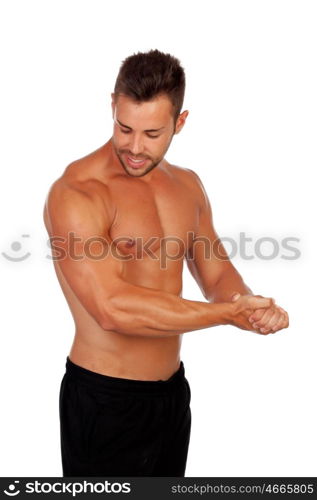 Strong man showing his muscles isolated on a white background