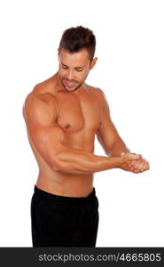 Strong man showing his muscles isolated on a white background