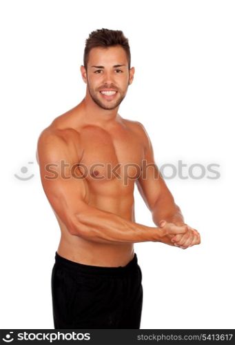 Strong man showing his muscles isolated on a white background