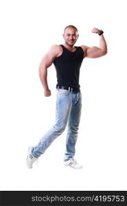 strong man showing his muscles with white background