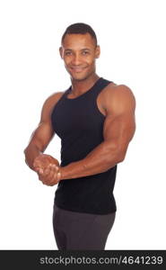 Strong man with black t-shirt isolated on a white background