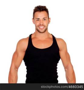 Strong man with black t-shirt isolated on a white background
