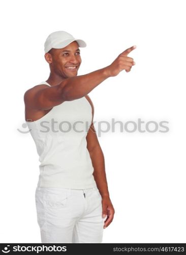Strong man with hat indicating something isolated on a white background