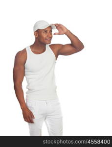Strong man with hat looking something isolated on a white background