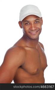 Strong man with naked chest isolated on a white background