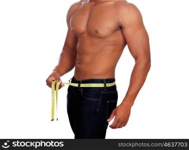 Strong man with tape measure isolated on a white background