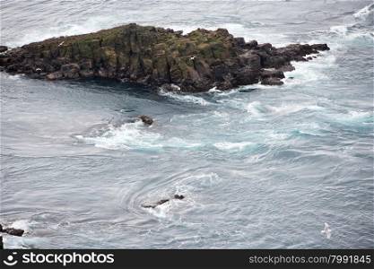 Strong ocean current and rocks. Strong ocean current and rocks close to Mykines on the Faroe Islands