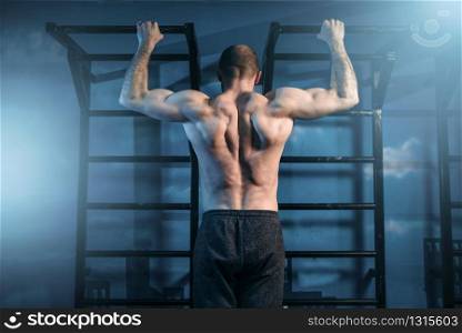 Strong sportsman training on horizontal bar in gym, back view. Muscle athlete on workout