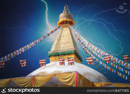 Strong thunder and powerful flashes of lightning. Evening view of Bodhnath stupa - Kathmandu - Nepal. Bodhnath stupa