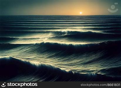 Strong waves comes to beach at sunset 3d illustrated