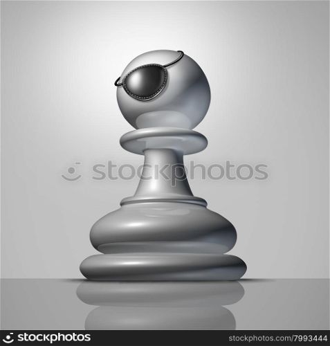 Stronger strategy business concept as a chess pawn piece wearing a pirate eyepatch or eye patch as a symbol and metaphor for an aggressive and tougher strategic approach to toughen up to better compete.