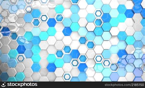 Structure background of blue, cyan and white reflective hexagons in random position reflecting a chemical formula. 3D Illustration. Structure background of blue, cyan and white reflective hexagons in random position reflecting a chemical formula