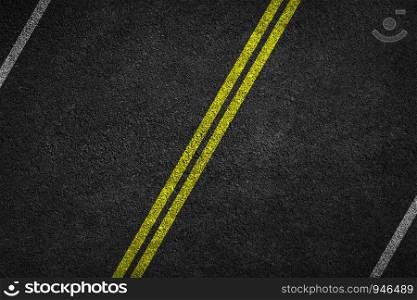 Structure of granular asphalt. Asphalt texture with two yellow line road marking. Abstract road background.
