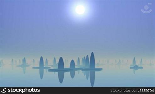 Structures are reflected in water. Foggy. The moon brightly shines.