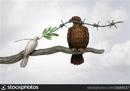Struggle with a peace dove holding an olive branch and a war hawk pulling barbed wire in a fight for the future of humanity on and human rights or freedom with 3D illustration elements.