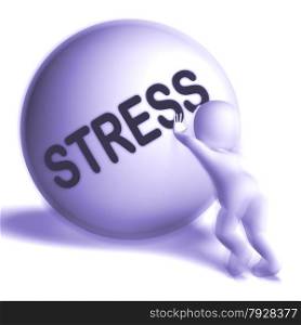 Struggling Uphill Man With Ball Showing Determination. Stress Uphill Sphere Showing Tension And Pressure