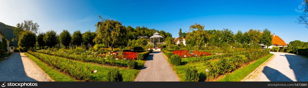 Stubenberg am See, Styria - Austria 15.09.2019: Herberstein palace gardens in Europe panorama. Tourist spot vacation destination.. Herberstein palace gardens in Herbersteinpanorama . Rose Gardenn, Tourist spot vacation destination.