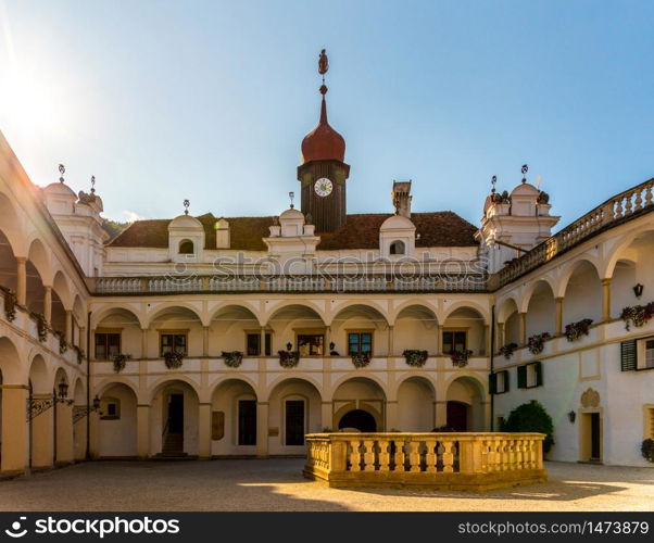 Stubenberg am See, Styria - Austria 15.09.2019: Herberstein palace in Europe. Gardens, Tourist spot vacation destination.. Herberstein palace in Europe. Gardens, Tourist spot vacation destination.