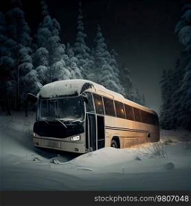 Stuck bus in snowy winter forest. Illustration AI Generative