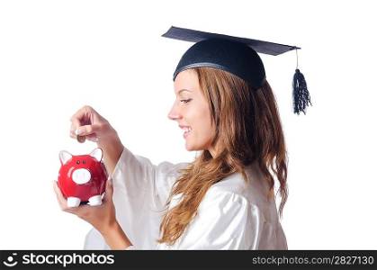 Student and piggy bank on white