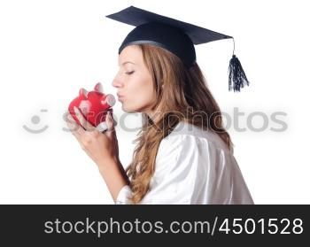 Student and piggy bank on white